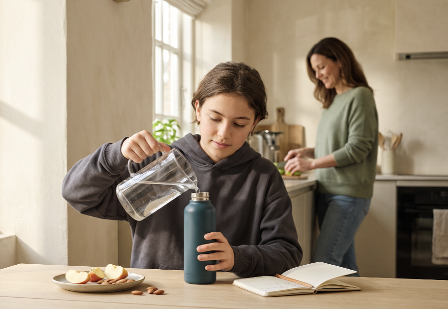 A teen building a hydration routine with a parent nearby